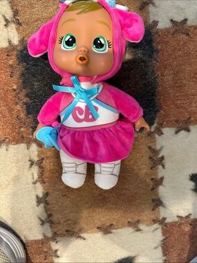 Plush Pink Hooded Baby Doll with Blue Bow and Pacifier